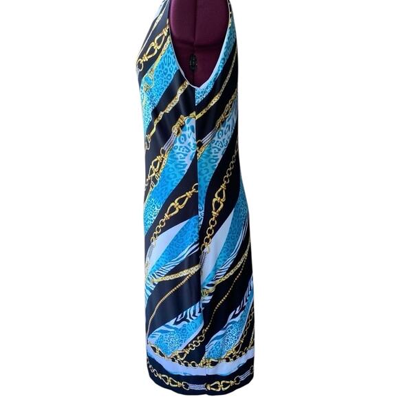 CACHE Size 12 Blue Blk Gold Chain Cheetah Print Fitt Dress Lined Sleeveless Sexy - Picture 4 of 8